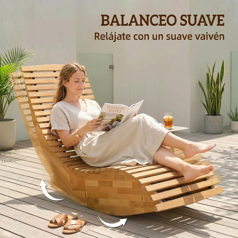 Outsunny Conjunto de 2 Sillas Mecedoras de Jardín de Madera Ergonómica Plegable con Diseño Listonado 60x156x77 cm Natural