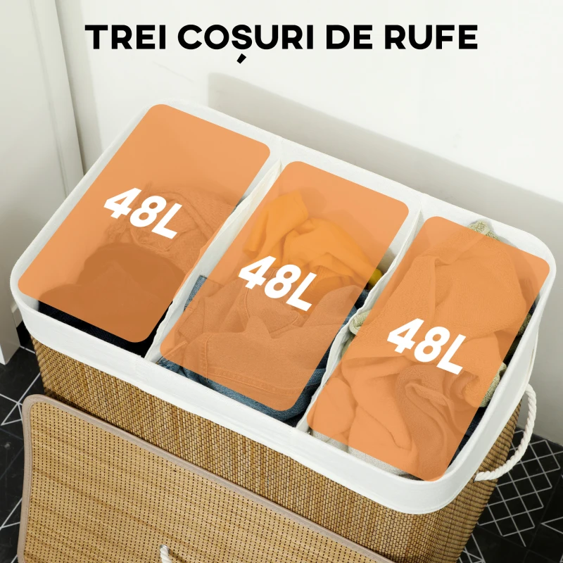 HOMCOM Coș pentru Rufe din Bambus cu Capac, 144L, 3 Compartimente, Sac Detașabil și Lavabil, Mânere, Maro
