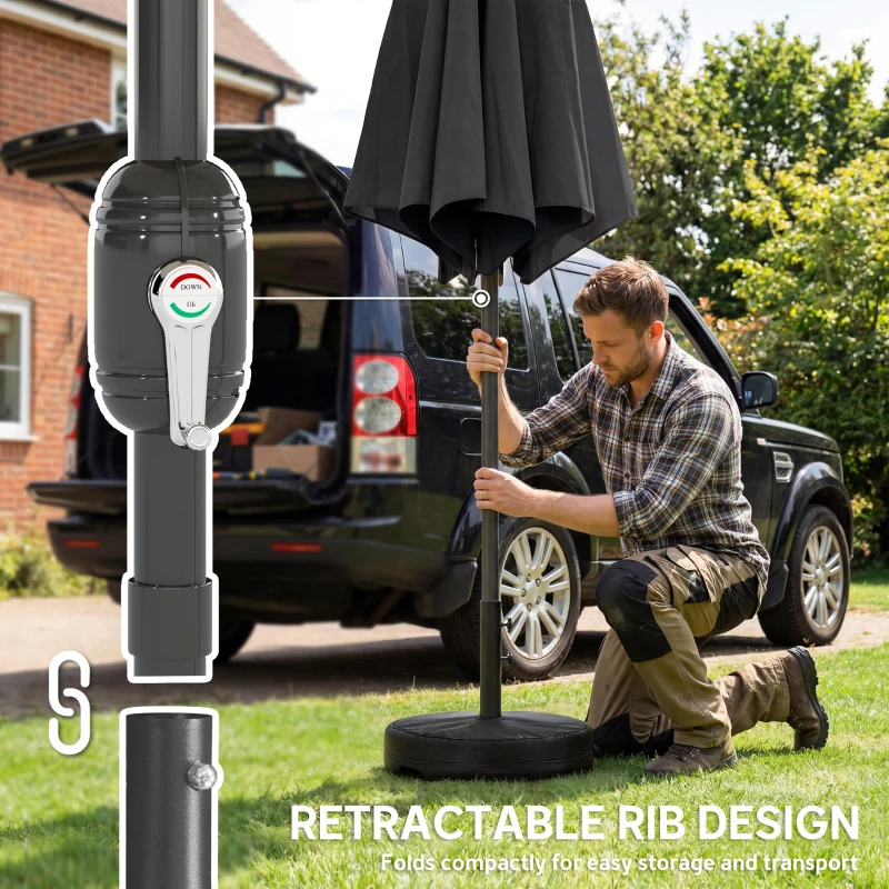 Outsunny 2.7 m Garden Parasol Umbrella with Cross Base and Sandbag, Retractable Ribs, Outdoor Table Market Umbrella, Black