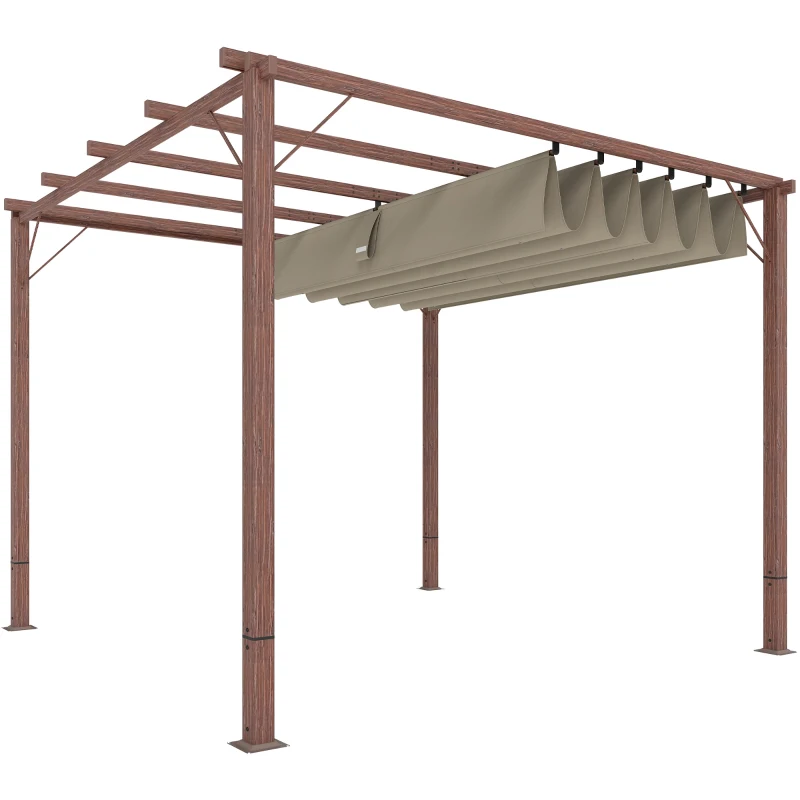 Outsunny 3 x 3 m Tuin-Pergola, Verstelbaar Terrasdak, Aluminium Frame, UPF30+ Zonbescherming, Natuurlijk Hout