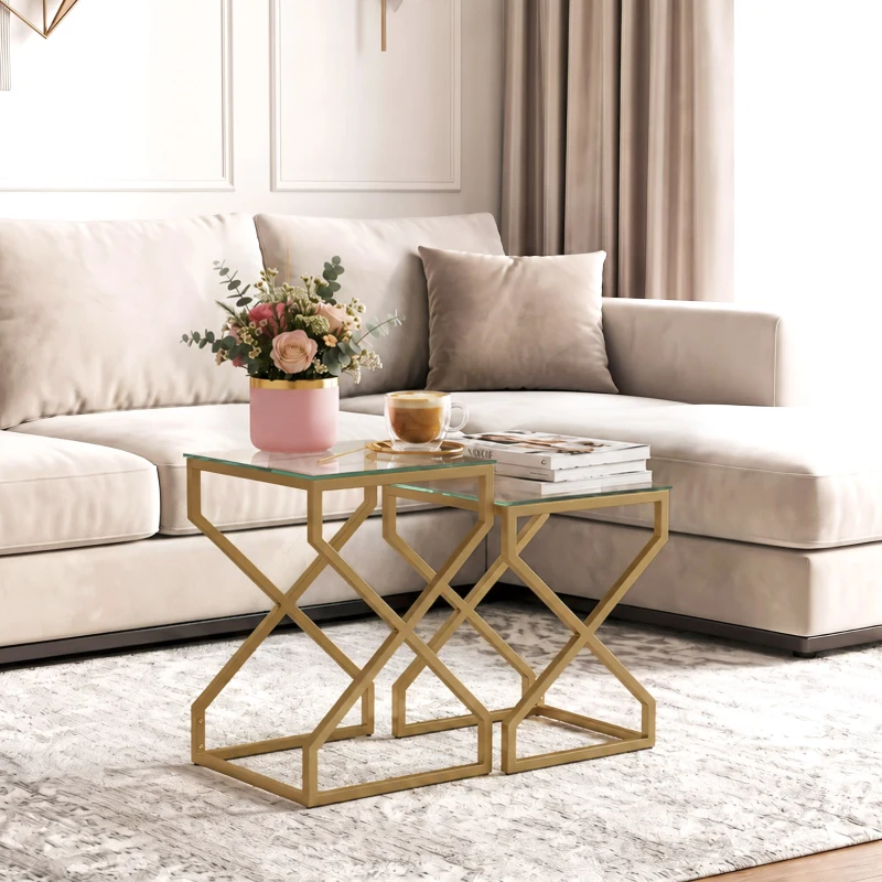HOMCOM Nest of Tables, Side Table Set of 2 with Transparent Top, Coffee Table Set with Tempered Glass Top, Transparent