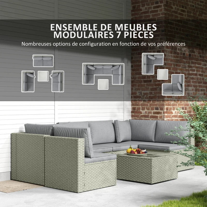 Outsunny Salon de jardin extérieur modulable 6 personnes en résine tressée avec canapés et table basse en verre trempé, marron