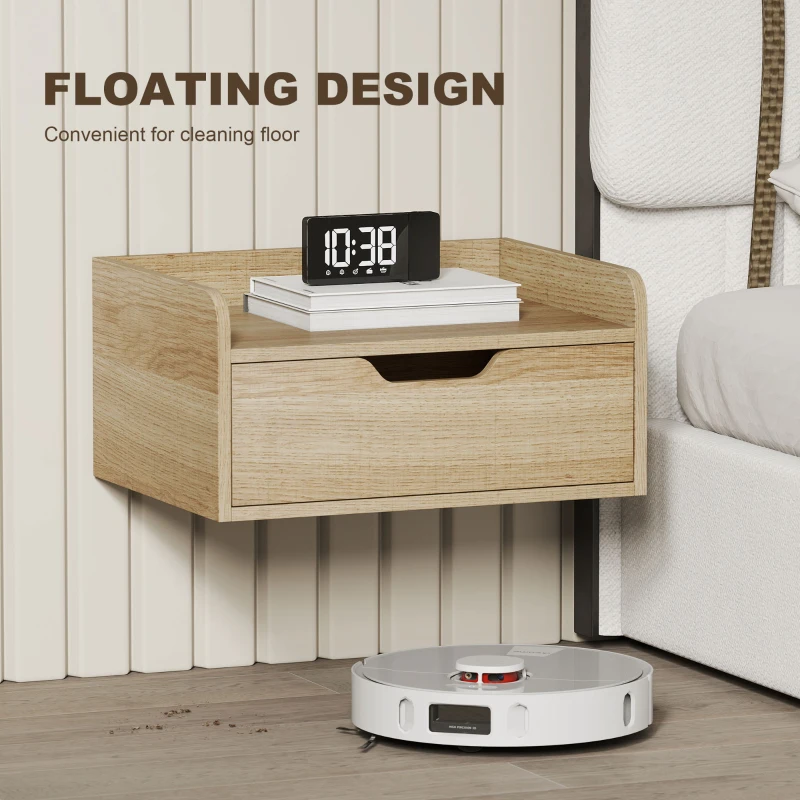 HOMCOM Floating Nightstands Set of 2, Wall Mounted Bedside Table with Drawer for Bedroom, Natural