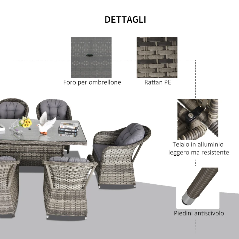 Outsunny 7Pz Set Tavolo e Sedie da Giardino in Rattan con Vetro Temperato da 5mm, Salottino di Lusso da Giardino con Foro per Ombrellone, Grigio