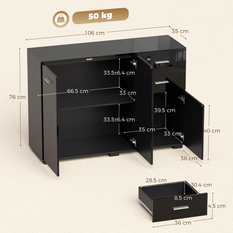 HOMCOM Sideboard, Modern Storage Cabinet with 2 Drawers, 3 Doors and Adjustable Shelves, High Gloss Black