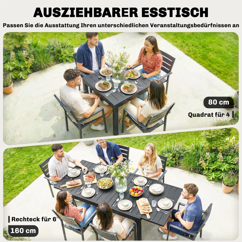 Outsunny Tuintafel Uitschuifbaar 80/160 x 80 cm Aluminium Eettafel voor 4-6 Personen, Rechthoekig met Lamellenblad