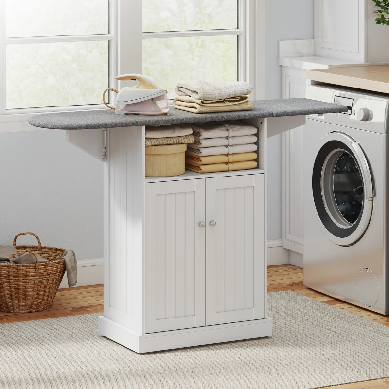 HOMCOM Ironing Board Cabinet on Wheels with Foldable Top, Mobile Storage Cabinet with Ironing Board, Open Compartment, White