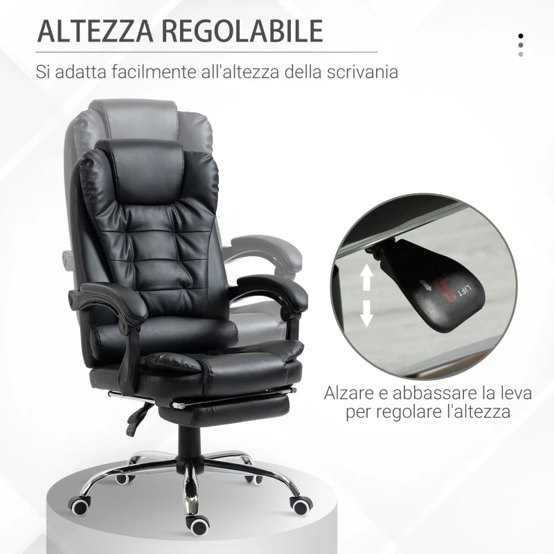 HOMCOM Poltrona Presidenziale da Ufficio in Similpelle Bianca, Regolabile con Schienale Reclinabile 145° e Poggiapiedi