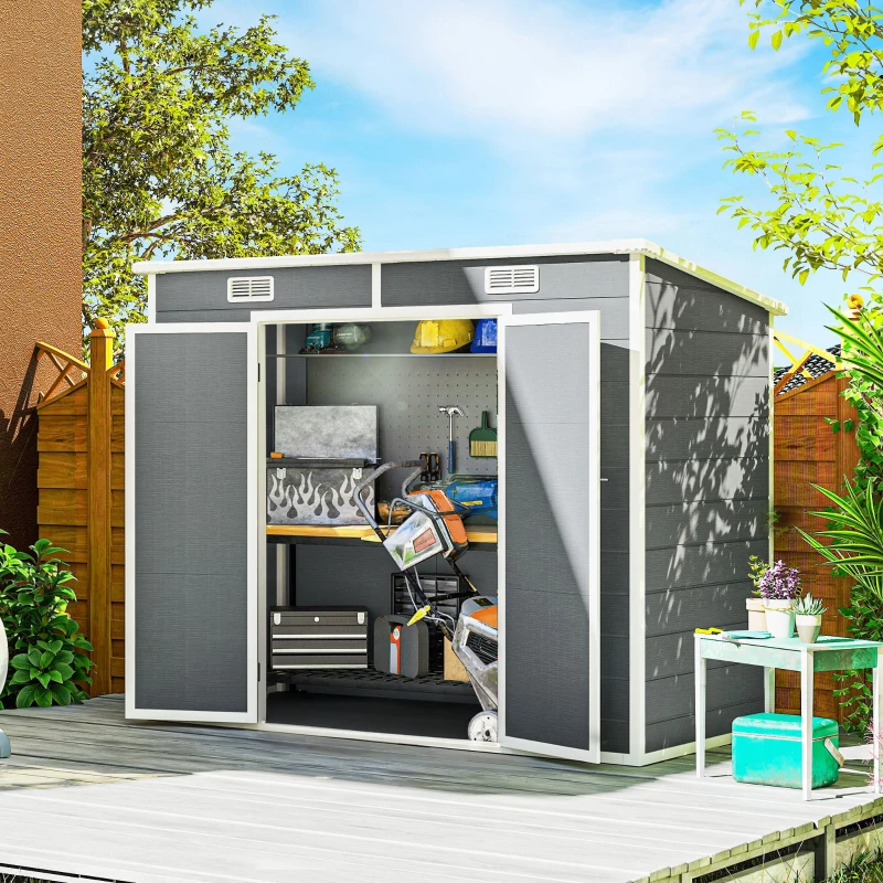 Outsunny Abri de jardin extérieur 2,4 x 1,3 m, en résine avec plancher, fenêtre, portes verrouillables et aérations, gris