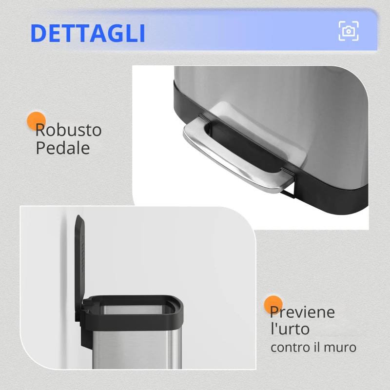 55L Cestino a pedale, coperchio a chiusura rallentata, in acciaio inossidabile, grande pattumiera, 33x39,5x65 cm, argento