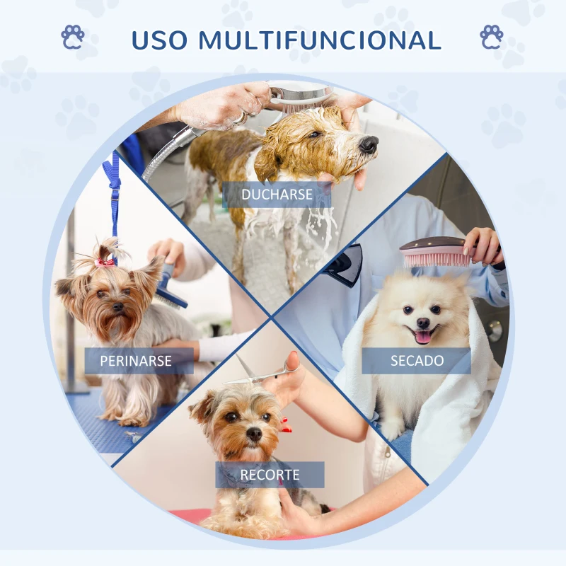 PawHut Mesa de Peluquería Canina Plegable, Mesa de Aseo con Cesta de Rejilla Metálica, Encimera Antideslizante, Barra de Acero Inoxidable Ajustable, para Perros, Gatos, 107x60x164 cm, Azul