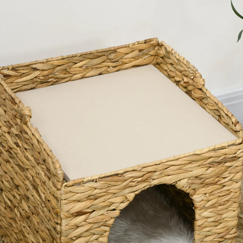 PawHut kattengrot met waterhyacintgras, 2 slaapruimtes, 2 wasbare kussens, naturel + wit
