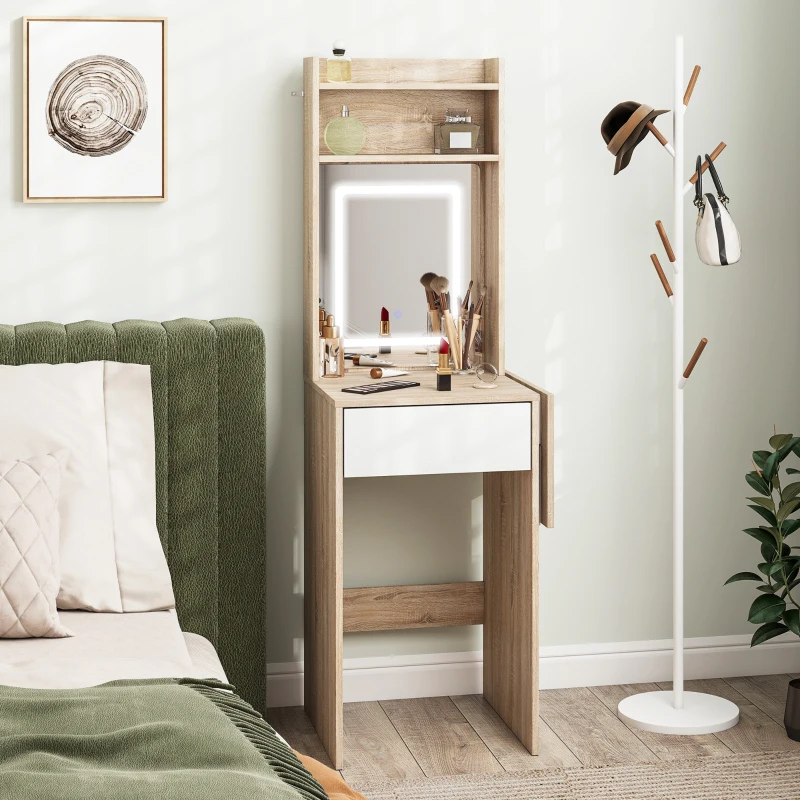 HOMCOM Small Vanity Desk with Mirror and LED Lights, Compact Dressing Table with Drop Leaf, Open Shelves, Natural Wood