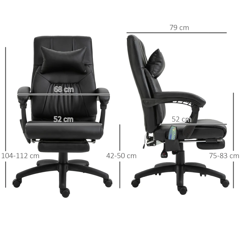 Vinsetto massagestoel directiestoel met warmtefunctie Massagefunctie 7 massagepunten, in hoogte verstelbare draaistoel met voetensteun, hoofdsteun, modern schuim PVC zwart 68 x 79 x 104-112 cm