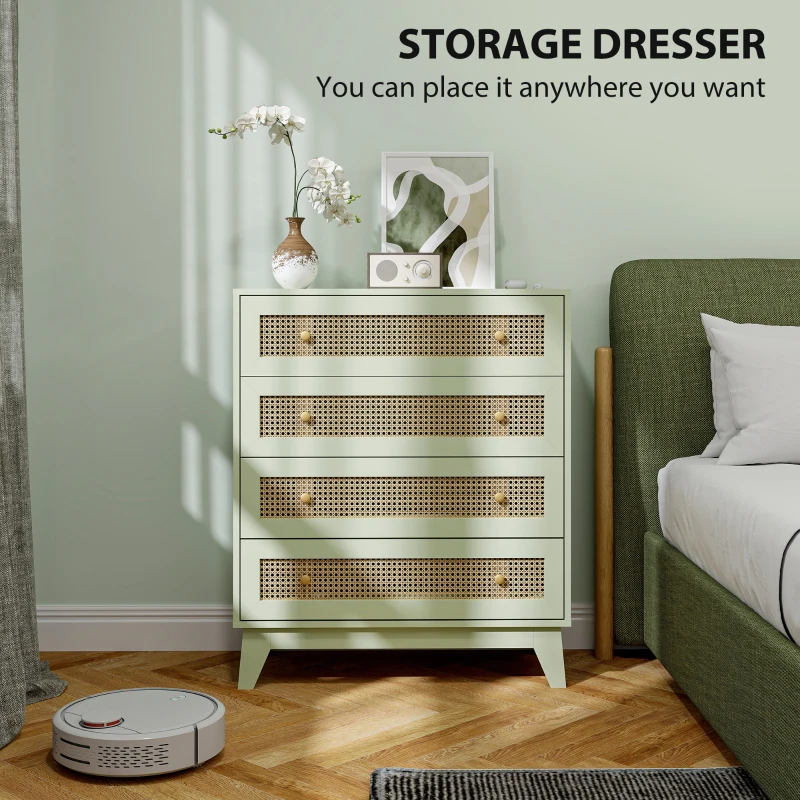 HOMCOM Rattan Chest of Drawers, 4 Drawer Storage Unit with Tapered Legs, Bedroom Storage Organiser Dresser for Bedside, Entryway, Hallway, Living Room, Light Green
