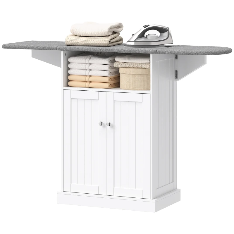 HOMCOM Ironing Board Cabinet on Wheels with Foldable Top, Mobile Storage Cabinet with Ironing Board, Open Compartment, White