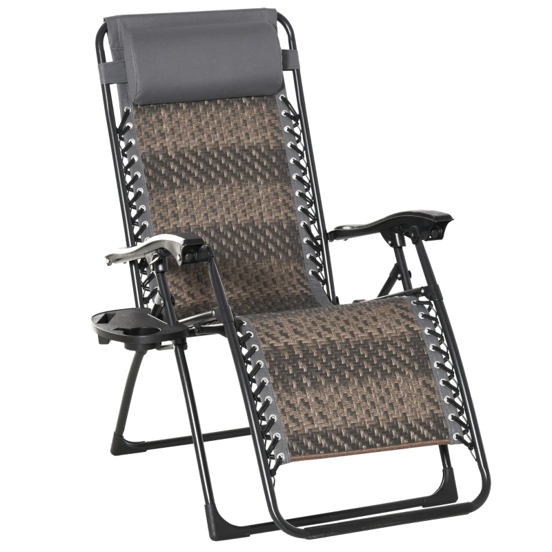 Outsunny Tumbona Plegable de Ratán con Respaldo Ajustable Reposacabezas Extraíble Portavasos y Soporte para Teléfono Jardín Terraza al Aire Libre 65x70x110 cm Gris
