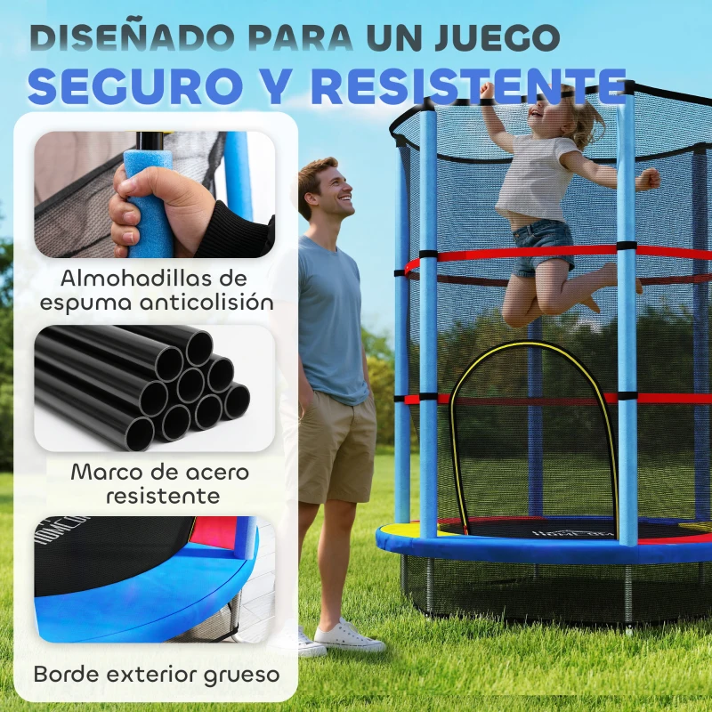 HOMCOM Cama Elástica Infantil Trampolín para Niños de 3-6 Años con Red de Seguridad Carga 45 kg Ø140x190 cm Multicolor