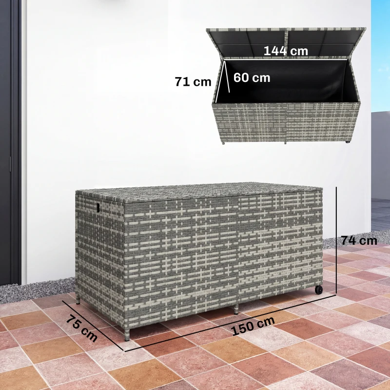 Outsunny 650L Garden Storage Box with 2 Wheels, Rattan Deck Box with Waterproof Zipped Liner, Safe Pneumatic Rods, Mixed Grey