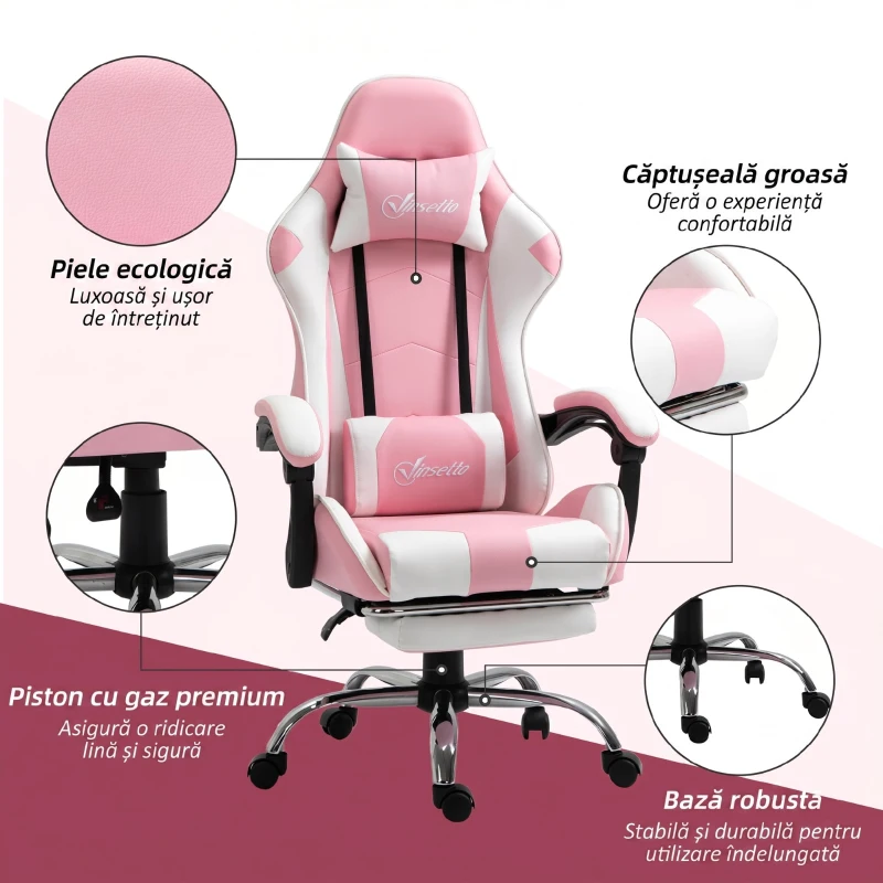Vinsetto Scaun Gaming Ergonomic Reclinabil cu Tetieră, Pernă Lombară, Înălțime Reglabilă, Roz și Alb