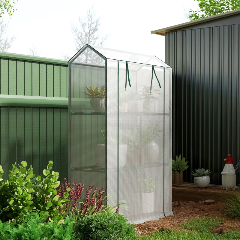 Outsunny Kas met 3-laags Schap, UV-bestendige Plastic Afdekking, Roldeur, 100 x 40 x 150 cm, Wit