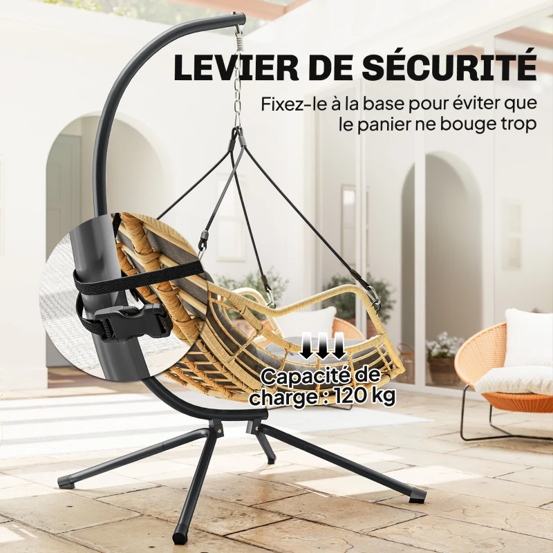 Outsunny Fauteuil suspendu en résine tressée avec support, chaise suspendue, coussin, attache de sécurité, hauteur réglable, gris