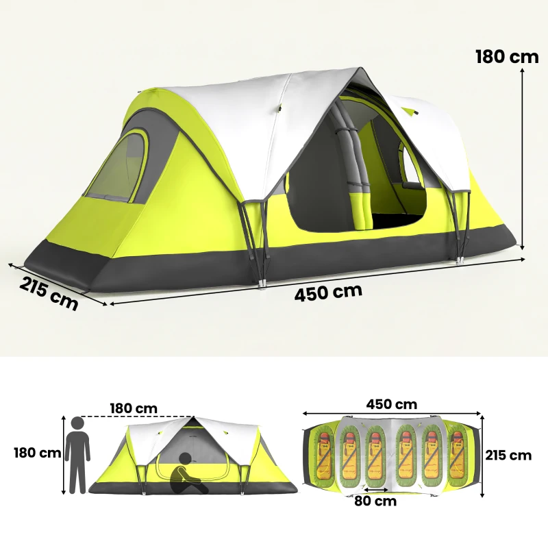 Outsunny Cort de Camping pentru 6 Persoane cu 2 Spații Separate, din Poliester și Fibra de Sticlă, 450x215x180 cm, Verde