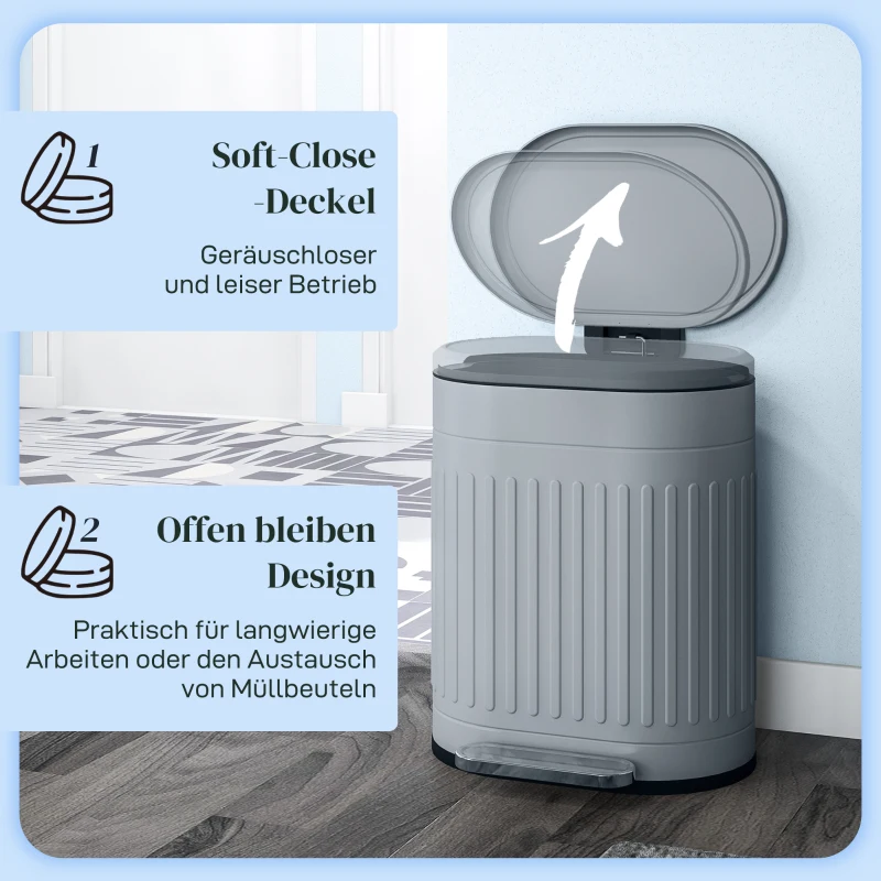 HOMCOM Afvalemmer 20L Pedaalemmer met Deksel Voetpedaal Uitneembare Binnenemmer Soft-Close-Functie 36,5 x 31,2 x 45 cm, Grijs
