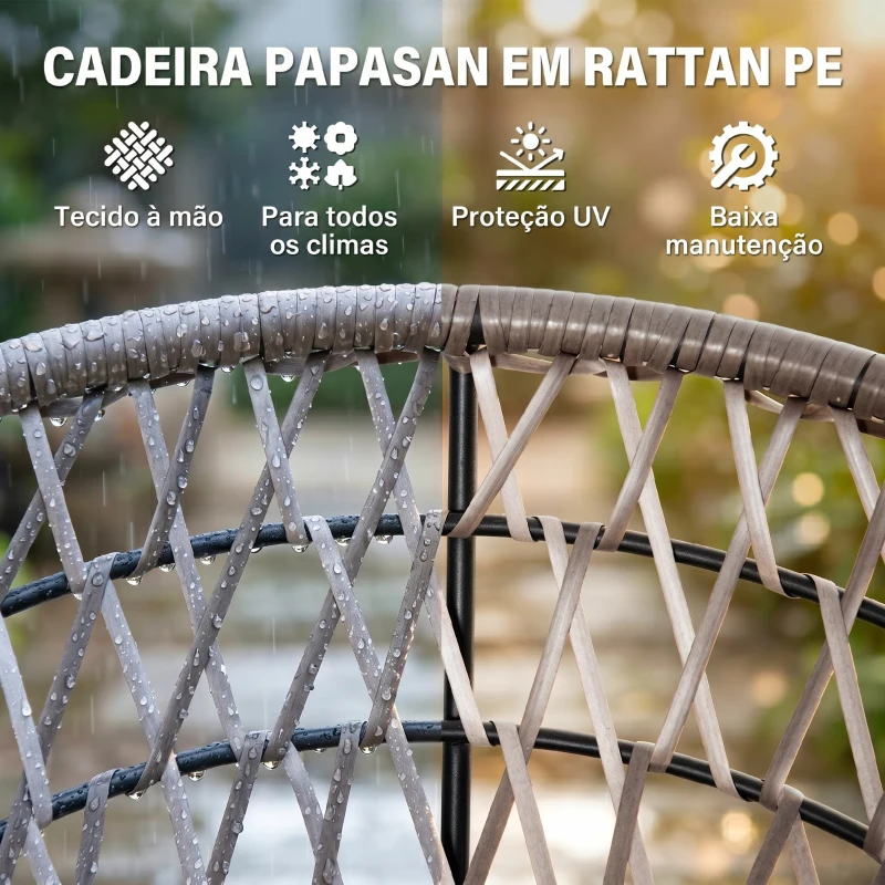 Outsunny Poltrona Papasan Giratória de Vime Sintético com Almofada e Estrutura de Aço para Jardim Pátio 87x97x90 cm Cinza e Creme