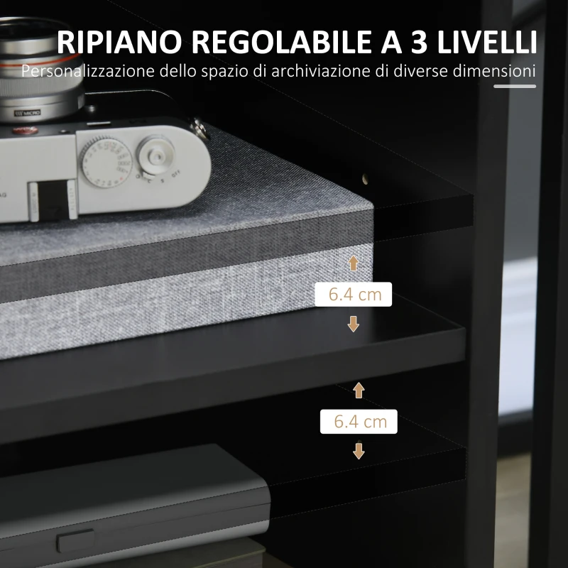 HOMCOM Mobile Porta Stampante a Rotelle con Armadietto e 3 Ripiani Aperti, in Legno, 60x50x65.5 cm, Nero