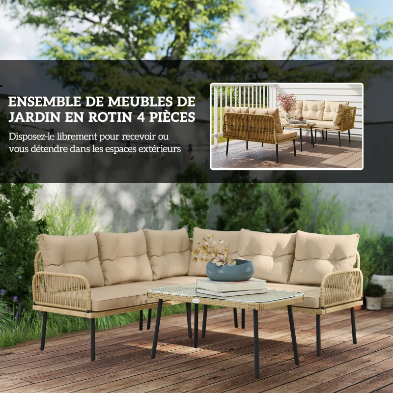 Outsunny Salon de jardin extérieur en résine tressée 5 places, table en verre trempé et coussins inclus, bois naturel