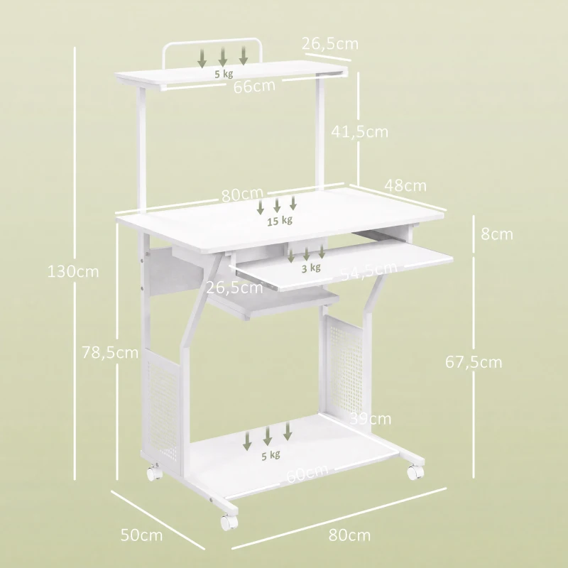 HOMCOM Mesa Escritorio de Ordenador Móvil con Bandeja para Teclado Estante para CPU Estantes y Ruedas 80x50x130 cm Blanco
