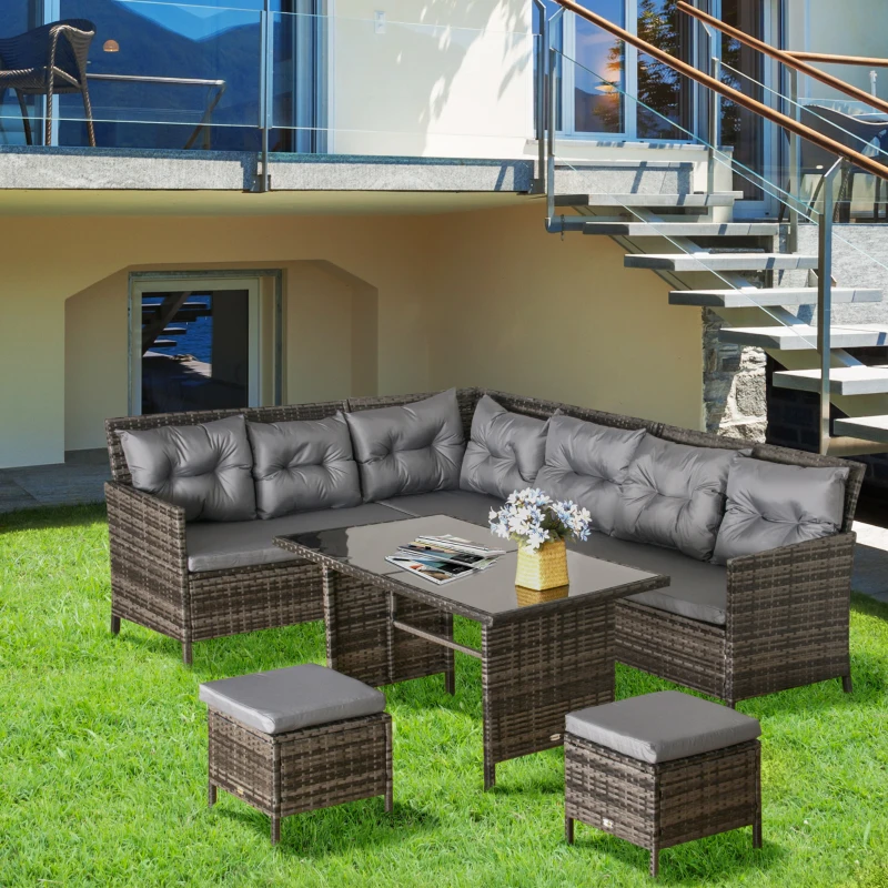 Outsunny Ensemble salon de jardin 8 personnes grand confort 3 canapés d'angle + 2 poufs + table à manger 12 coussins assise & dossier fournis polyester écru résine tressée gris