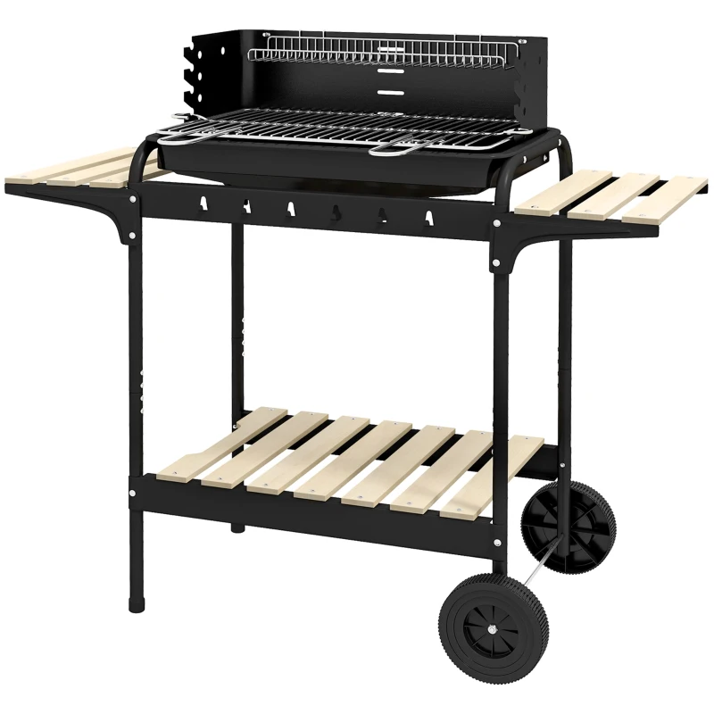 Outsunny Metalen Houtskoolgrill BBQ Smoker met Wielen, Verstelbaar Grillrooster, Houten Plank 103x47x95 cm Zwart