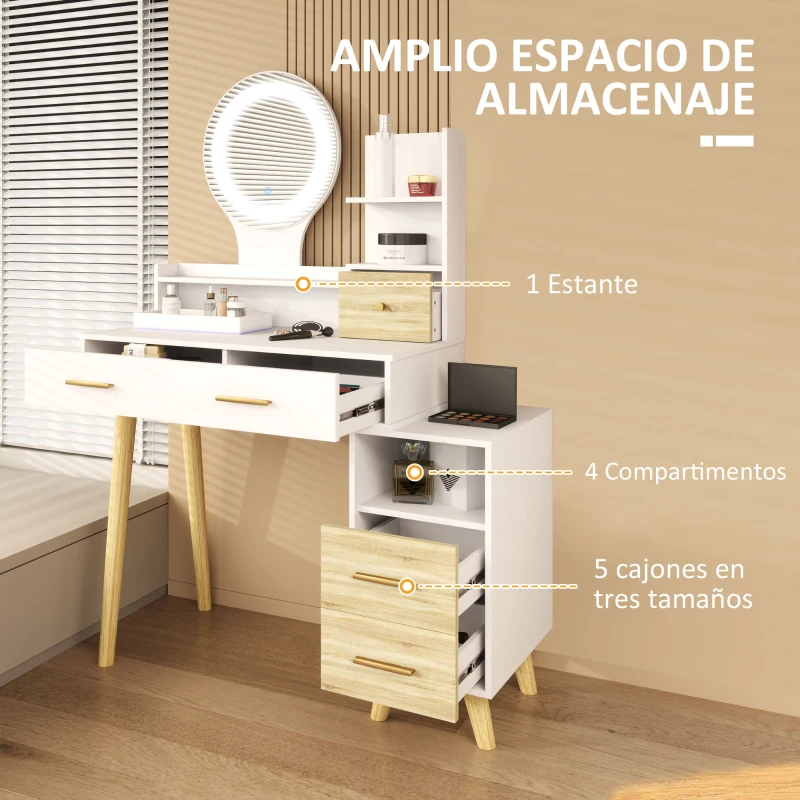 HOMCOM Tocador con Espejo y Luces LED Ajustables con 5 Cajones 4 Compartimentos y 1 Estante 100x44x137 cm Blanco y Natural