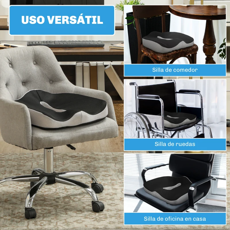 HOMCOM Cojín de Asiento de Espuma Viscoelástica con Base Antideslizante para Silla de Comedor Silla de Ruedas Negro