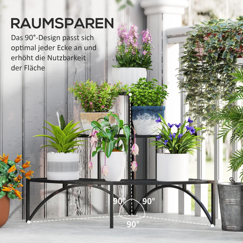 Outsunny Hoekplantenstandaard, 3-laags Bloemenstandaard, Metaal, Voor Binnen en Buiten, Bloempottenstandaard, Zwart