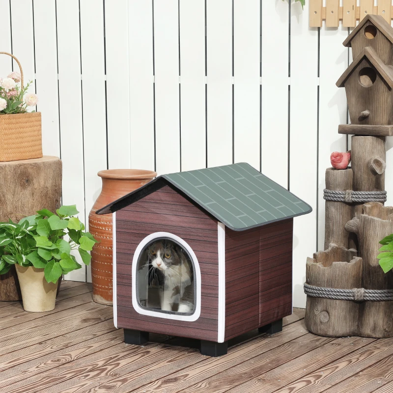 PawHut Insulated Outdoor Cat House, Water-Resistant Feral Cat Shelter with Elevated Base and Cushion, Red-brown