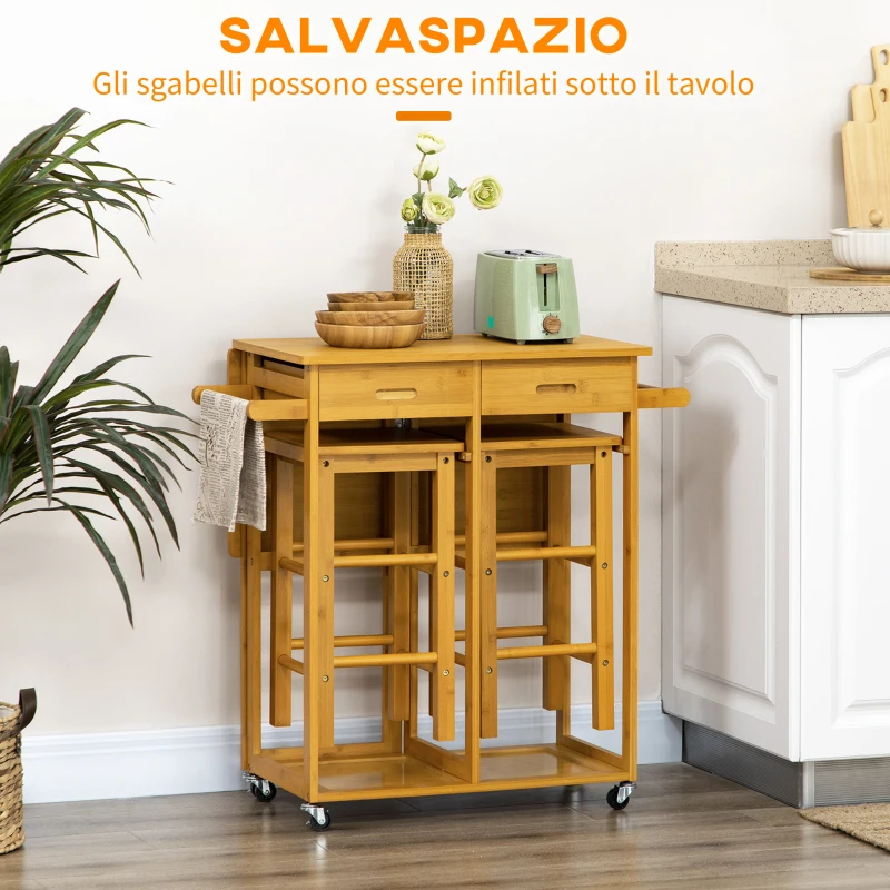 HOMCOM Carrello da Cucina con Tavolino Pieghevole e 2 Sgabelli, Ruote e Cassetti in Legno di Bambù