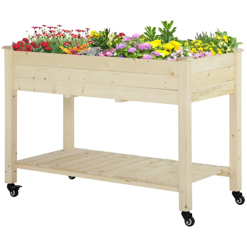 Outsunny Verhoogd bed met wielen plantentafel bloembak met afvoer massief houten vliesstof