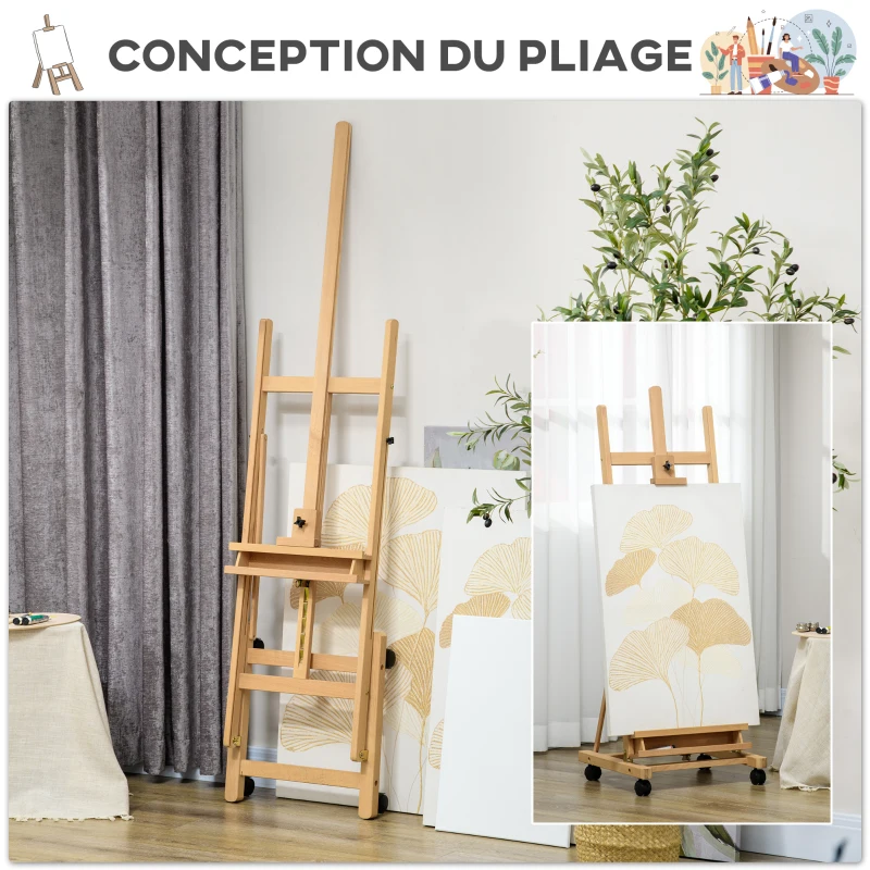Vinsetto Chevalet d'artiste sur roulettes pliable en bois de hêtre pour toiles à peindre jusqu'à 118 cm bois naturel