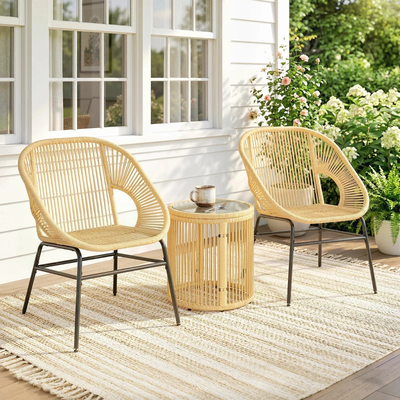 Outsunny Set da Bistrò da 3 Pezzi in Rattan e Acciaio con 2 Sedie, Tavolo Rotondo con Piano in Vetro Temperato, Beige