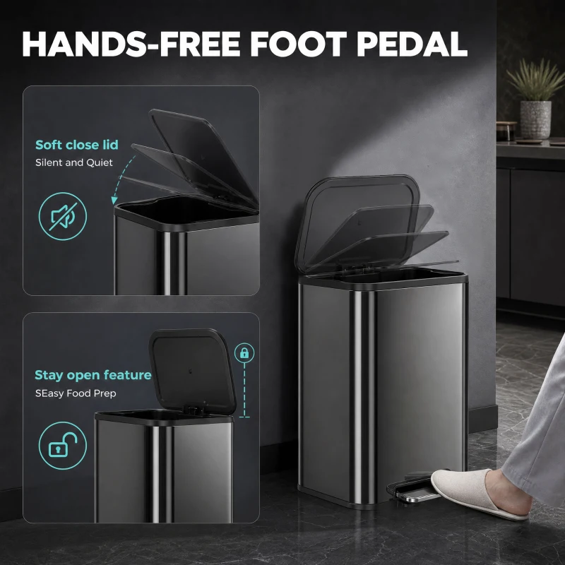 HOMCOM 50L Kitchen Bin, Metal Pedal Rubbish Bin with Soft Close and Stay-Open Lid, Removable Inner Bucket, High Gloss Black