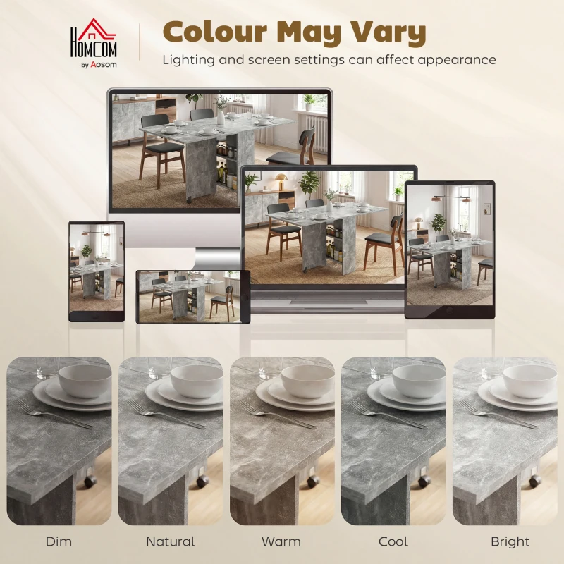 HOMCOM 80-140 cm Folding Dining Table for 4-6 People, Drop Leaf Table with 2-Tier Shelves, Rolling Casters, for Small Spaces, Kitchen, Flat, Dining Room, Cement Grey