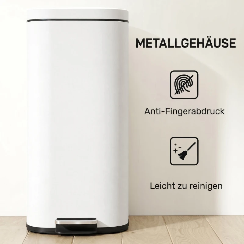 HOMCOM 30L keukenprullenbak pedaalemmer met deksel, soft-close en openhoudfunctie voor keuken en thuis