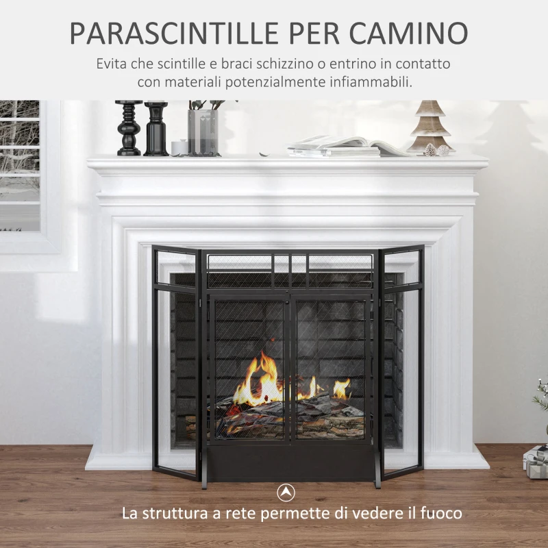 HOMCOM Parascintille Pieghevole a 3 Pannelli con Doppia Porta in Metallo, 120x11.5x79 cm, Nero