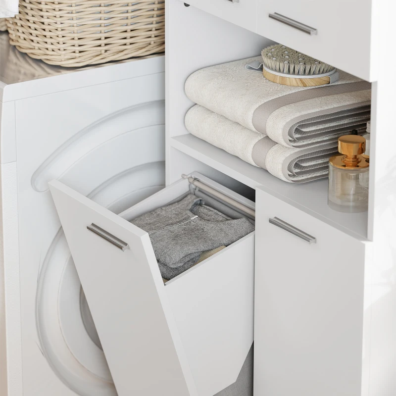 HOMCOM Mobile da Bagno a 2 Ante con Cesto Portabiancheria a Ribalta e Ripiano Aperto, 60x30x174 cm, in Legno, Bianco