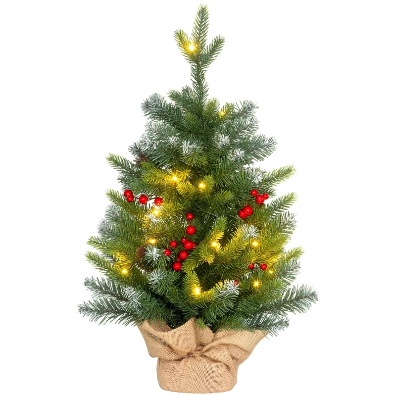HOMCOM Brad de Crăciun de masă 60 cm cu 20 lumini LED 141 ramuri 5 conuri 5 buchete de bobițe roșii și suport metalic Verde