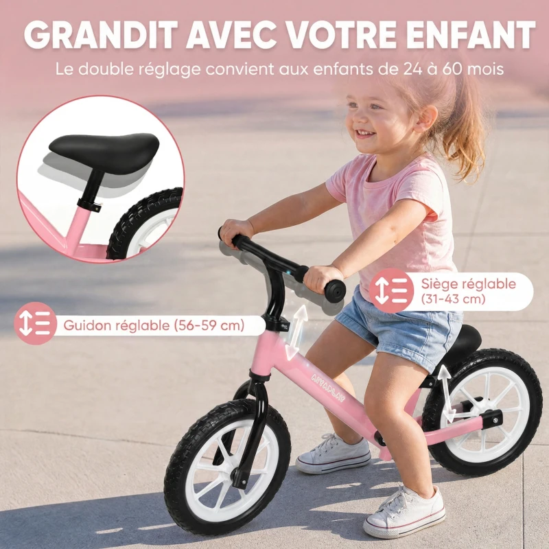 AIYAPLAY Draisienne Enfant 2-5 Ans, Roues Lumineuses, Siège Guidon Réglables, Pneus EVA Silencieux, Charge 50kg, 84x40x57cm, Rose