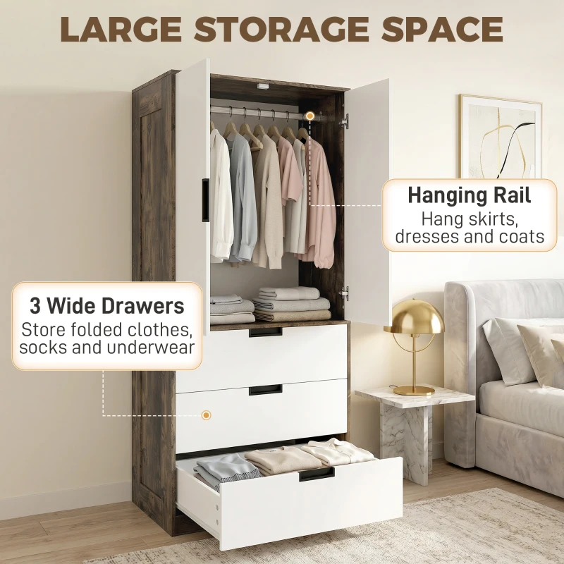 HOMCOM Modern Clothes Storage Cupboard Unit, 3 Drawer 2 Door Wardrobe with Hanging Rod, Rustic Brown